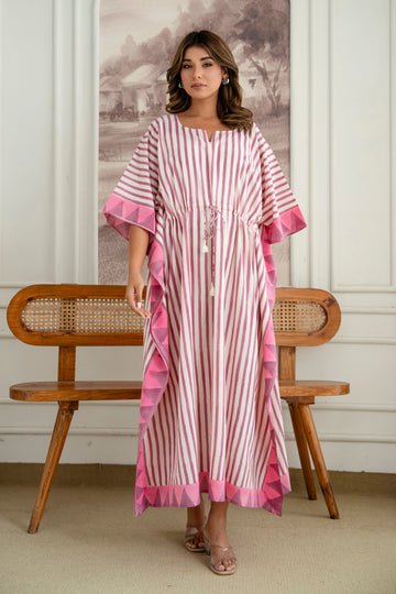Pink Stripe Hand Block Printed Cotton Kaftan