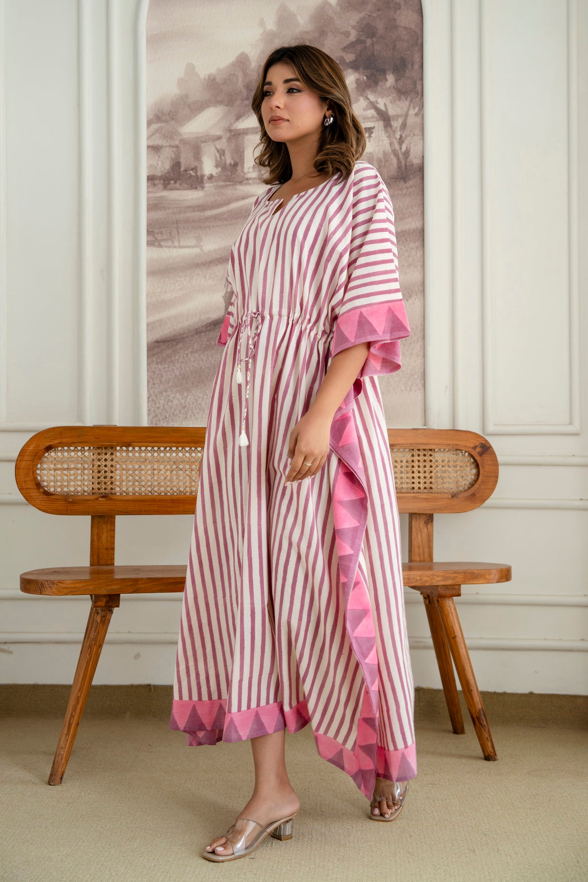 Pink Stripe Hand Block Printed Cotton Kaftan