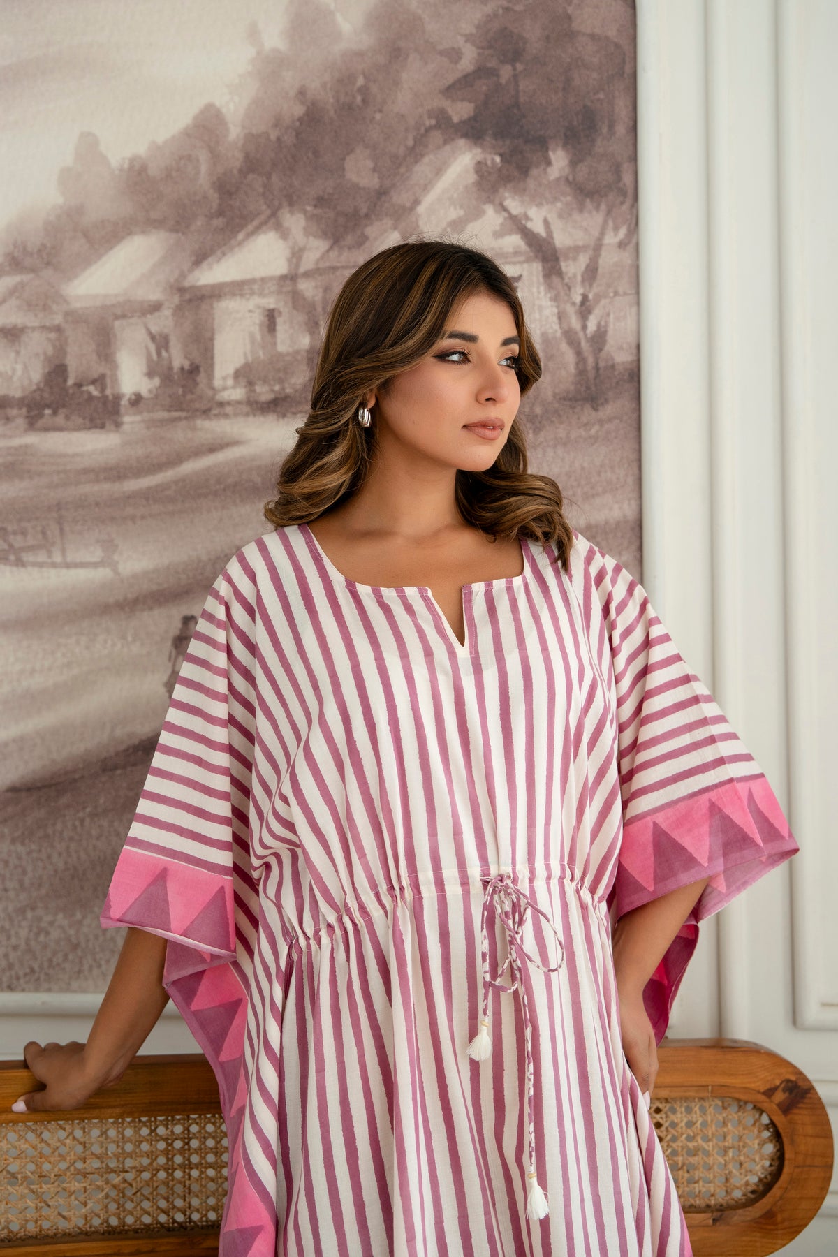 Pink Stripe Hand Block Printed Cotton Kaftan