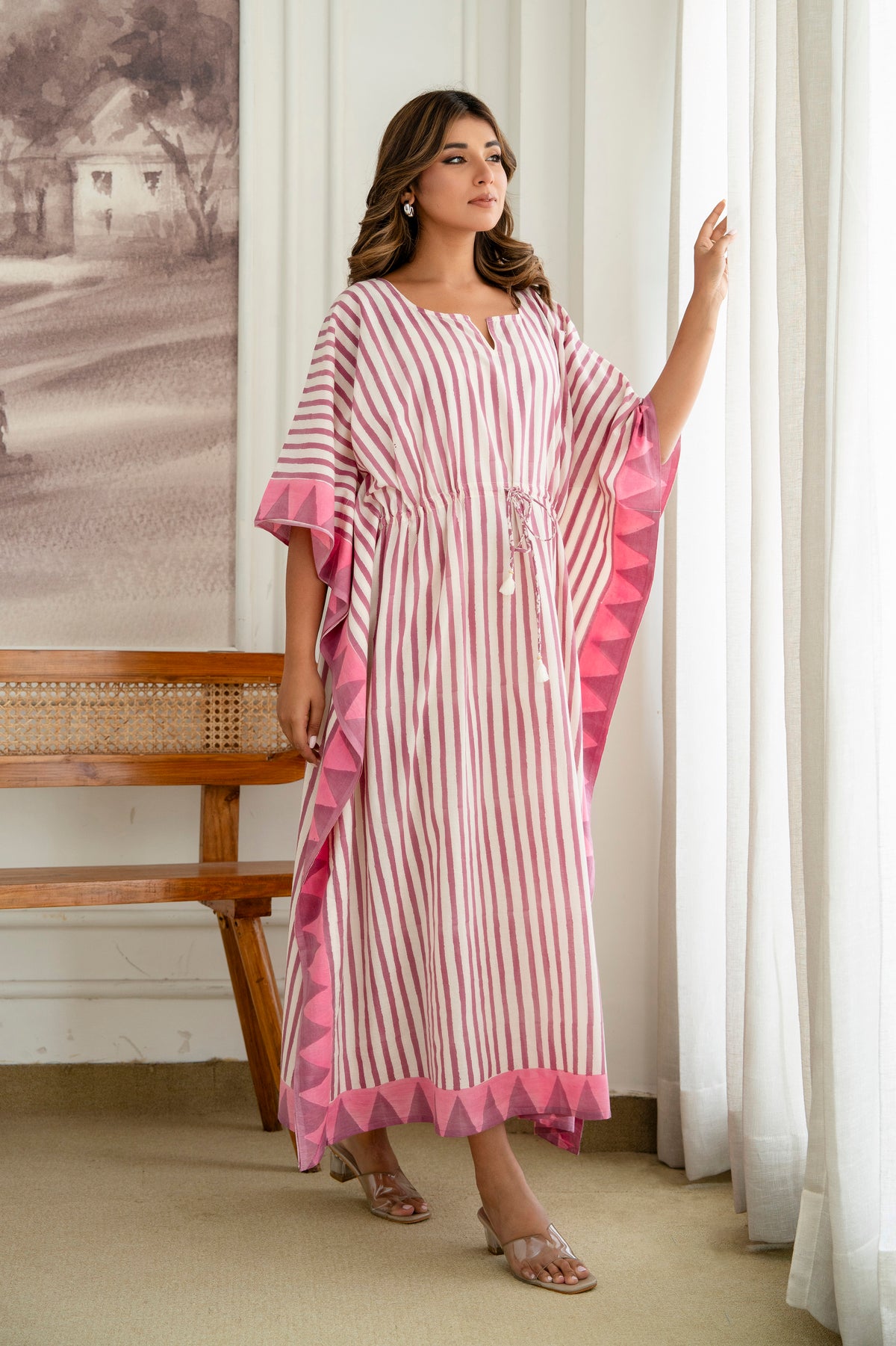 Pink Stripe Hand Block Printed Cotton Kaftan