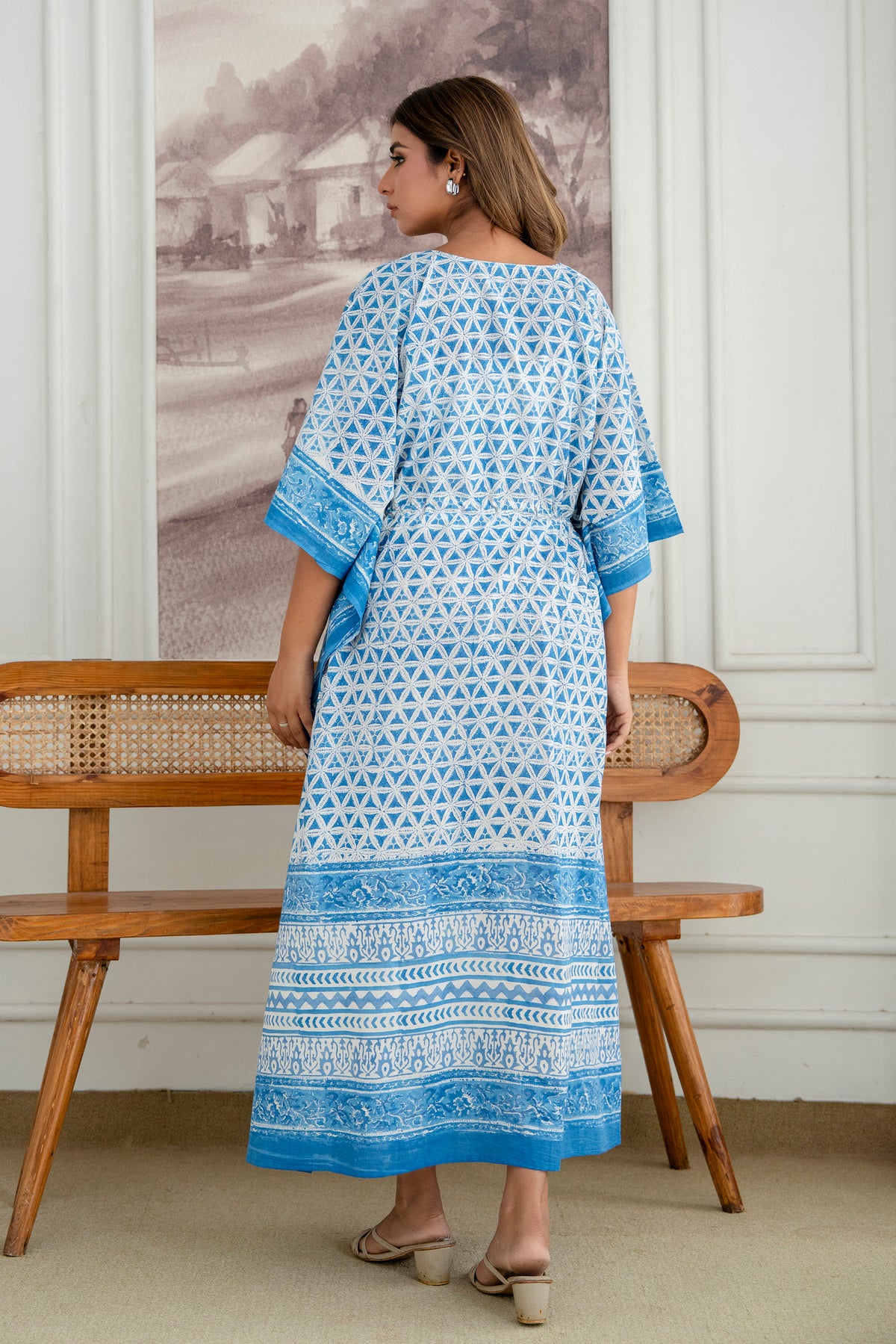 Blue Petal Geometry Hand Block Printed Cotton Kaftan