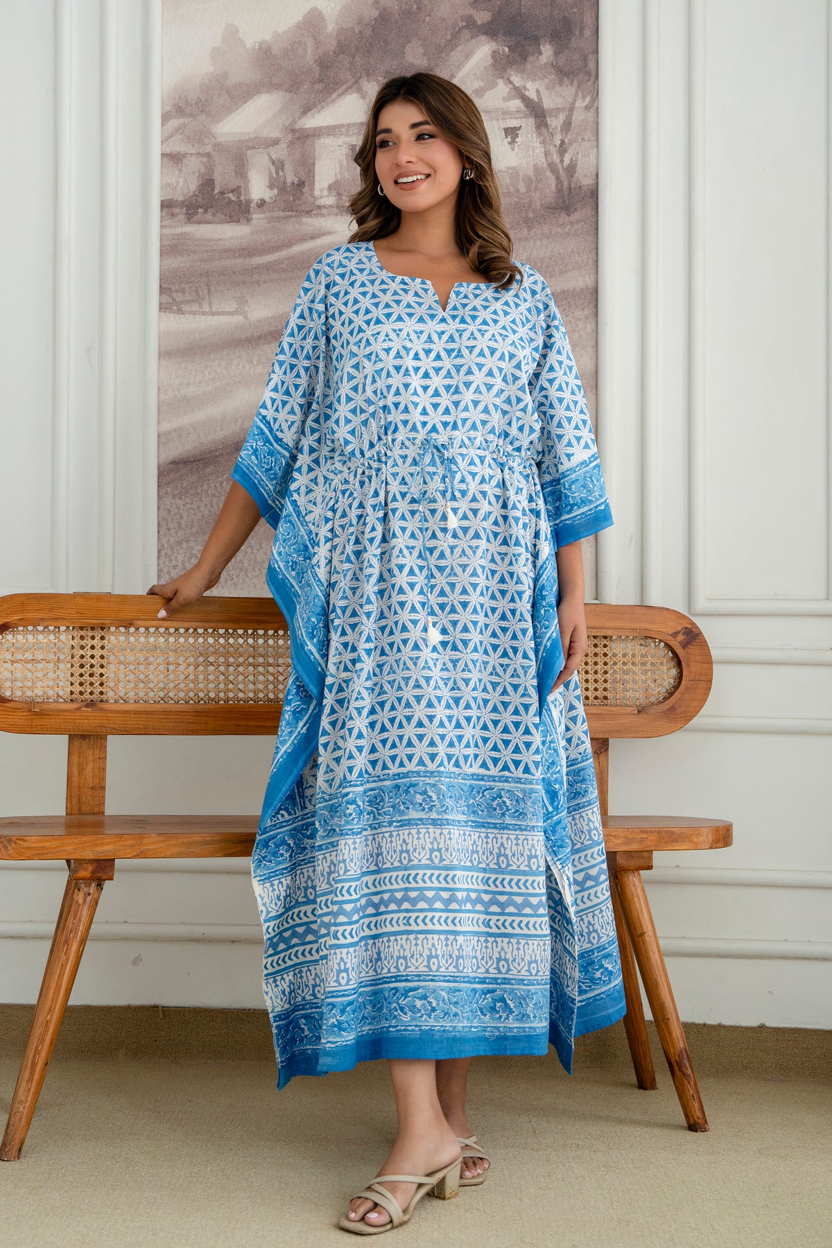Blue Petal Geometry Hand Block Printed Cotton Kaftan