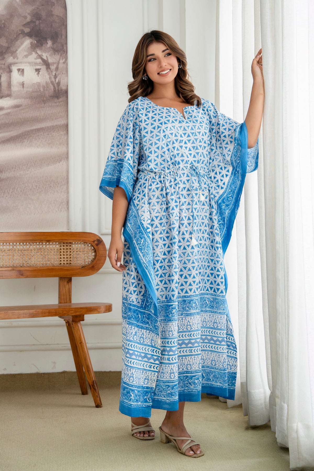 Blue Petal Geometry Hand Block Printed Cotton Kaftan