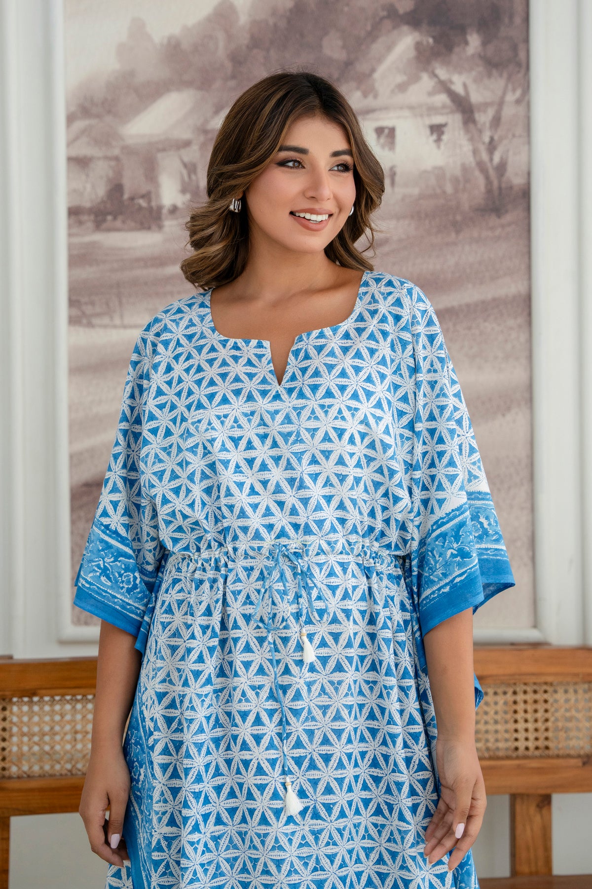 Blue Petal Geometry Hand Block Printed Cotton Kaftan