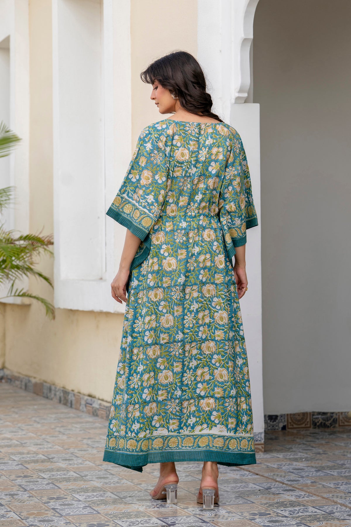 Teal Floral Hand Block Printed Cotton Kaftan
