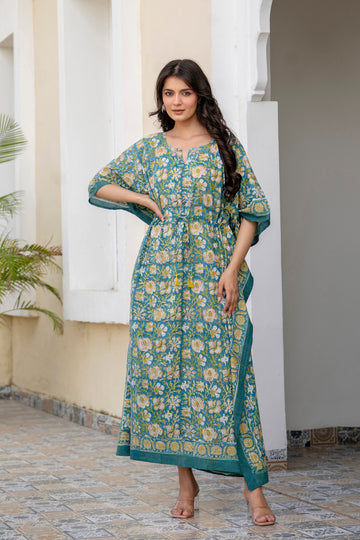Teal Floral Hand Block Printed Cotton Kaftan