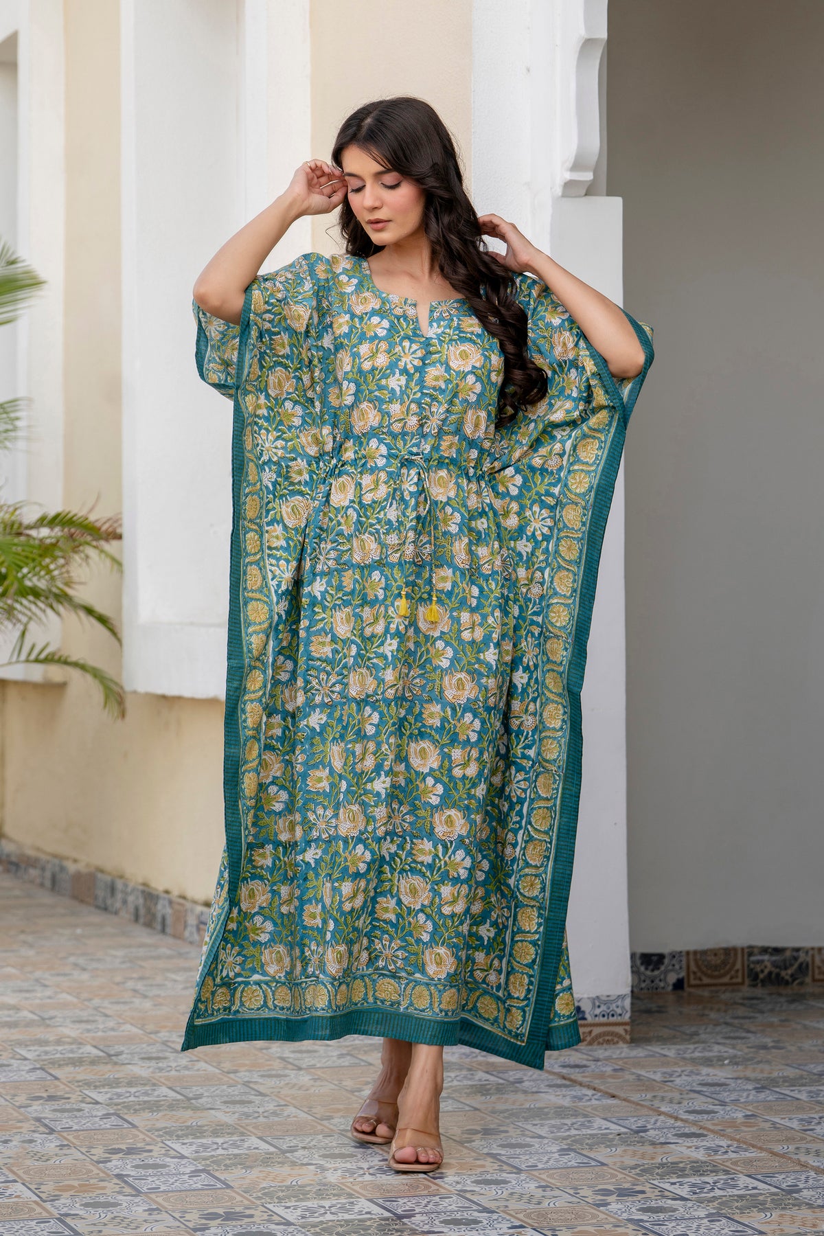 Teal Floral Hand Block Printed Cotton Kaftan