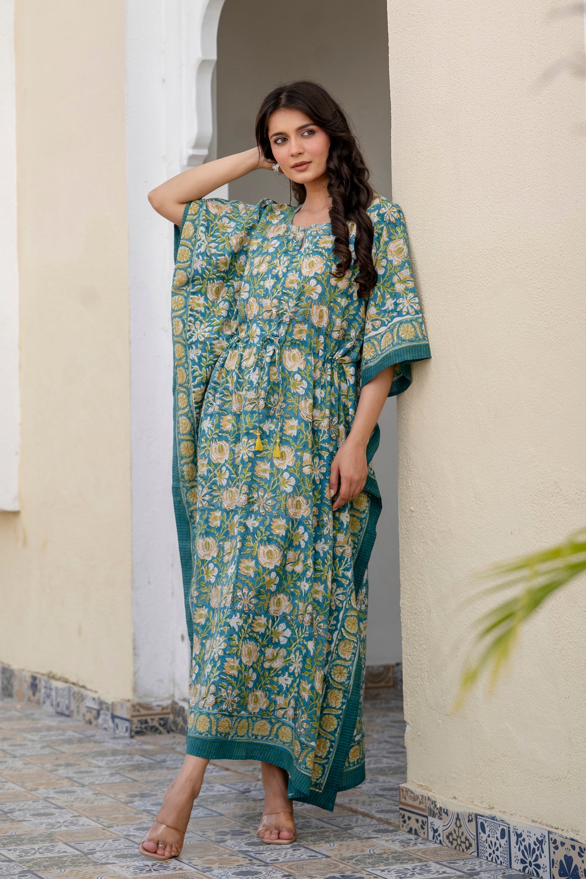 Teal Floral Hand Block Printed Cotton Kaftan