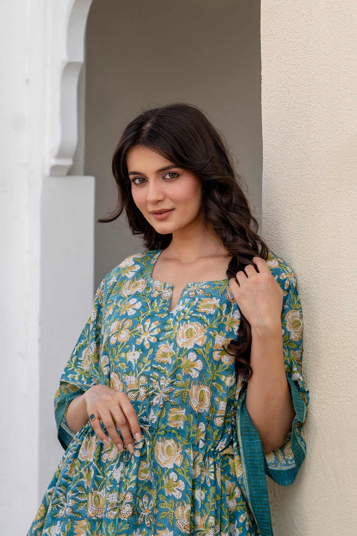 Teal Floral Hand Block Printed Cotton Kaftan