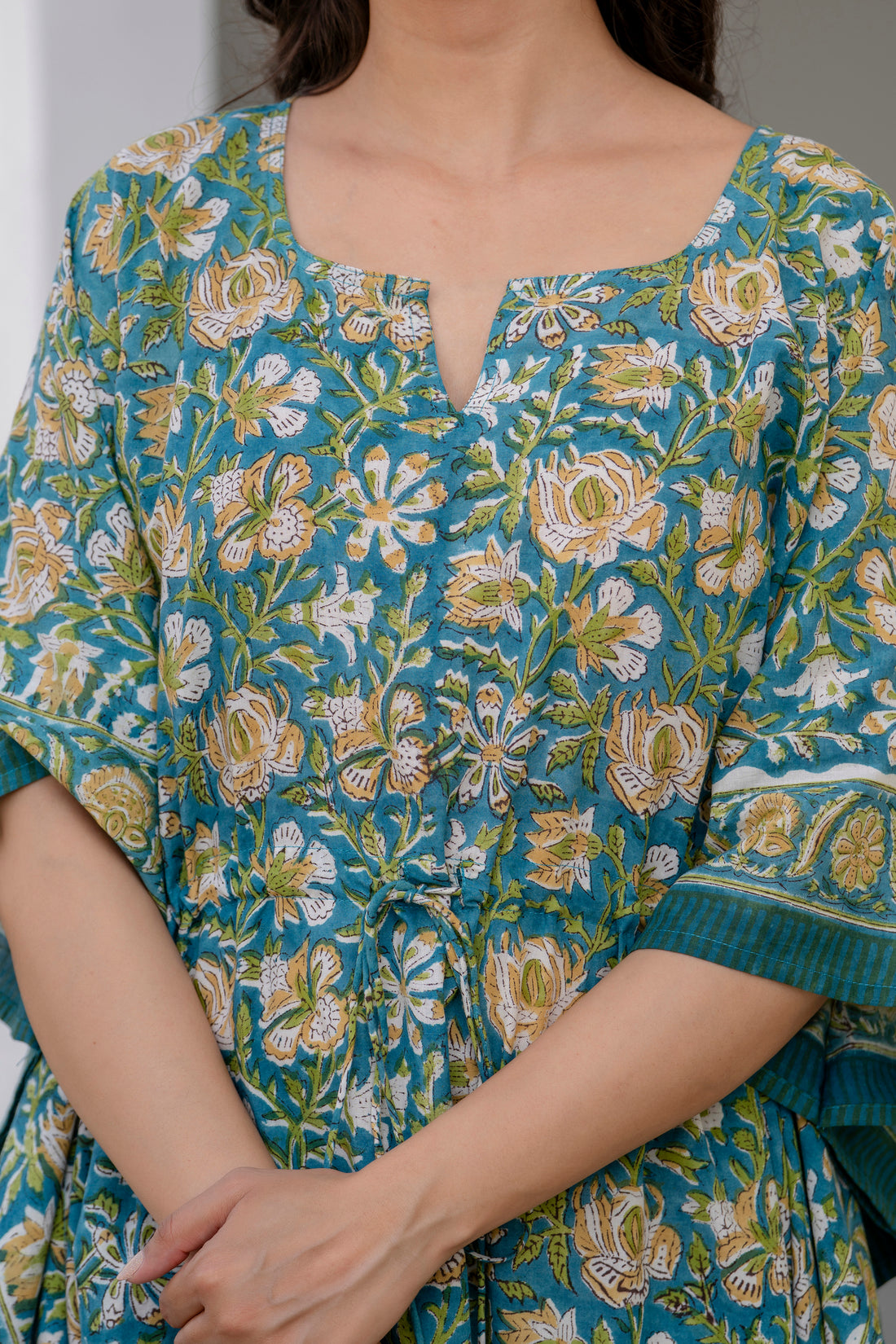 Teal Floral Hand Block Printed Cotton Kaftan