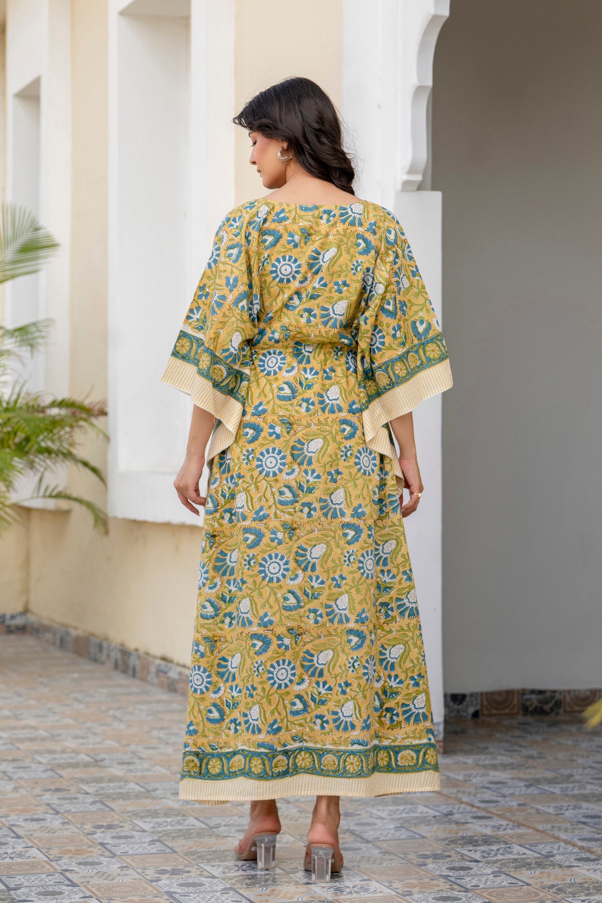 Mustard Bloom Hand Block Printed Cotton Kaftan