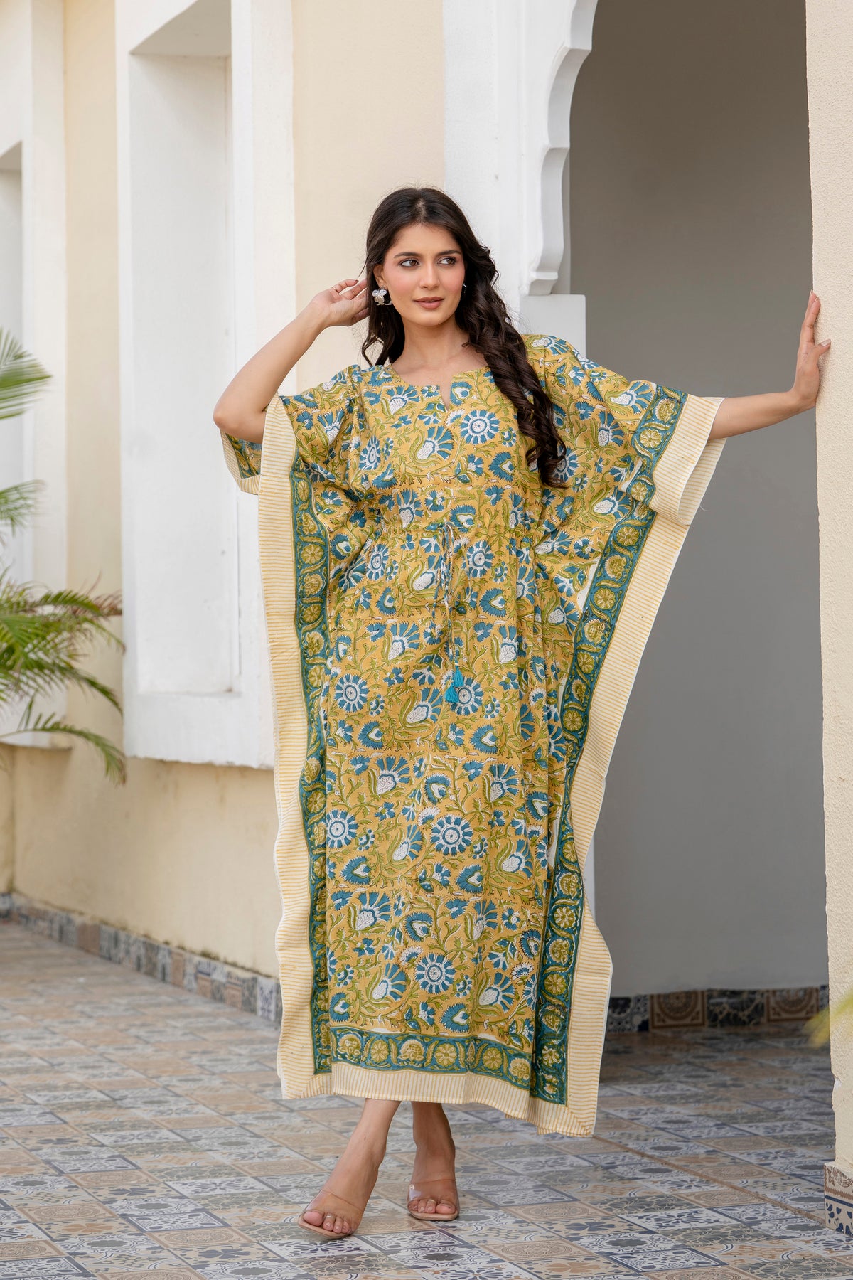 Mustard Bloom Hand Block Printed Cotton Kaftan