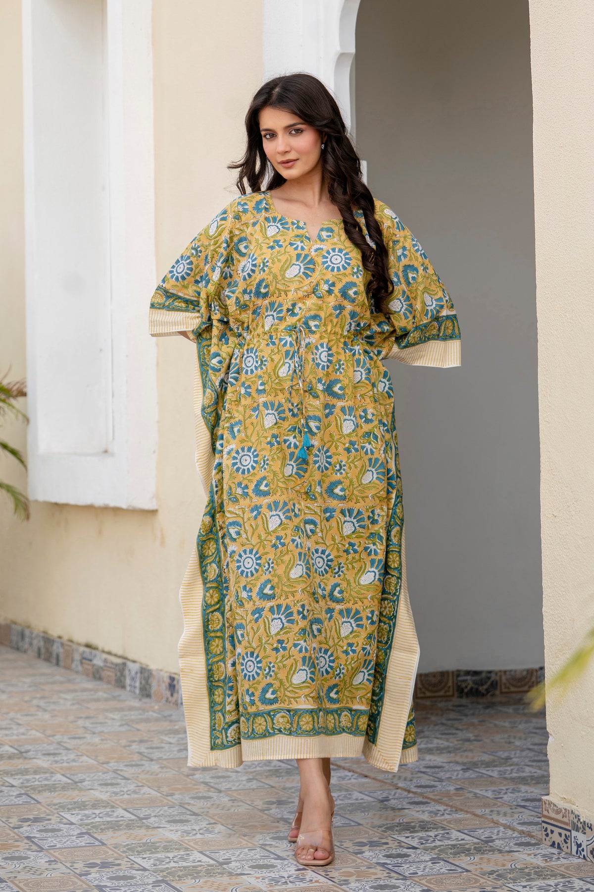 Mustard Bloom Hand Block Printed Cotton Kaftan
