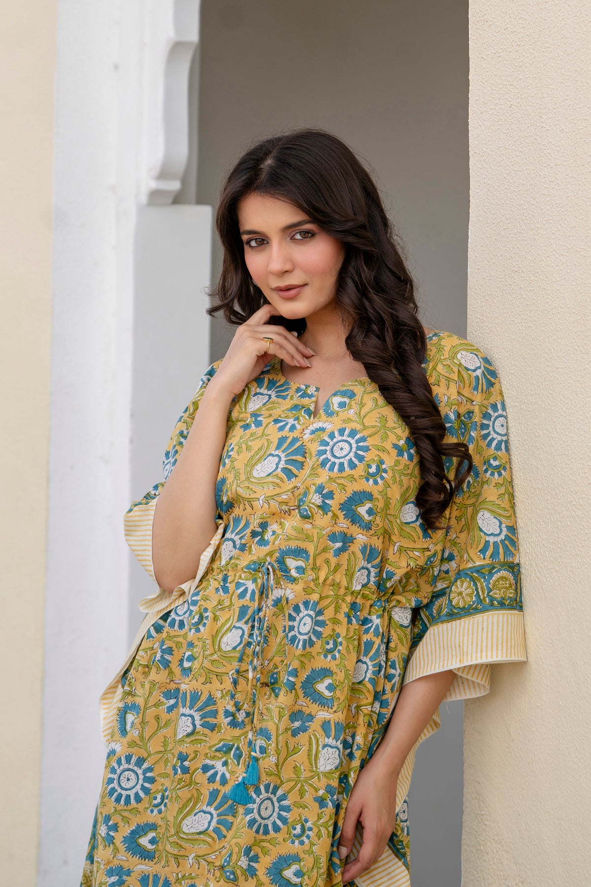 Mustard Bloom Hand Block Printed Cotton Kaftan