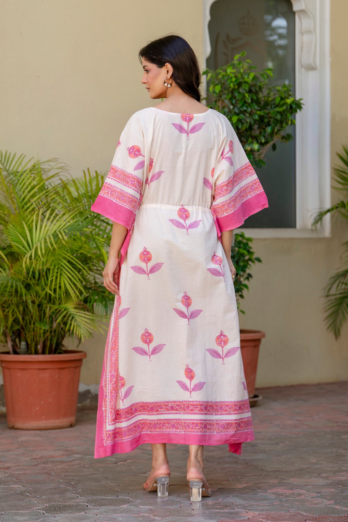 Pink Blossom Hand Block Printed Cotton Kaftan