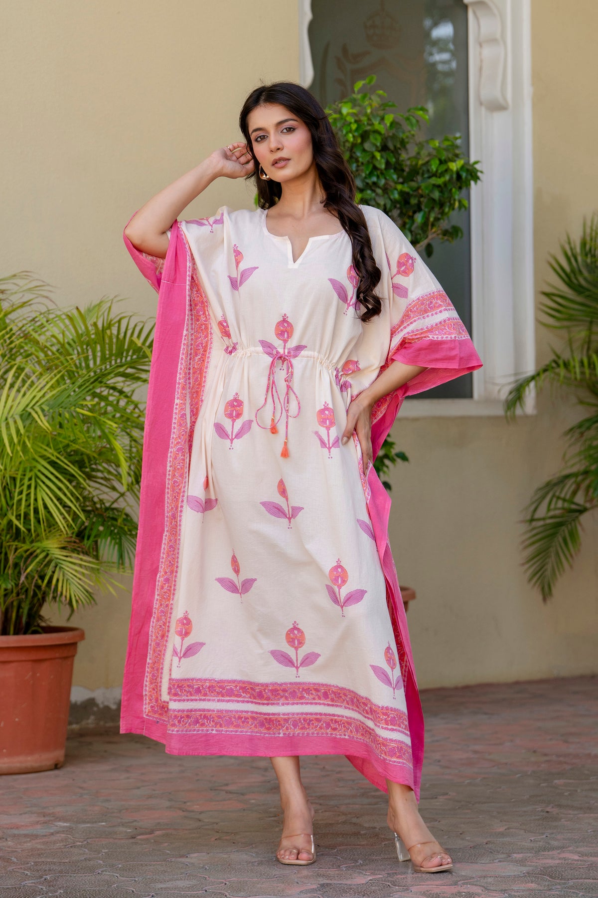 Pink Blossom Hand Block Printed Cotton Kaftan