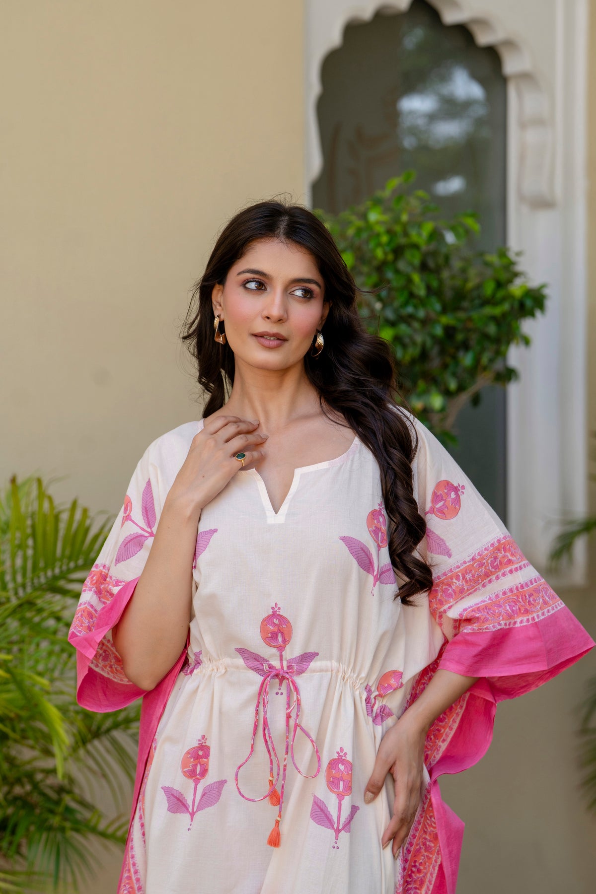 Pink Blossom Hand Block Printed Cotton Kaftan