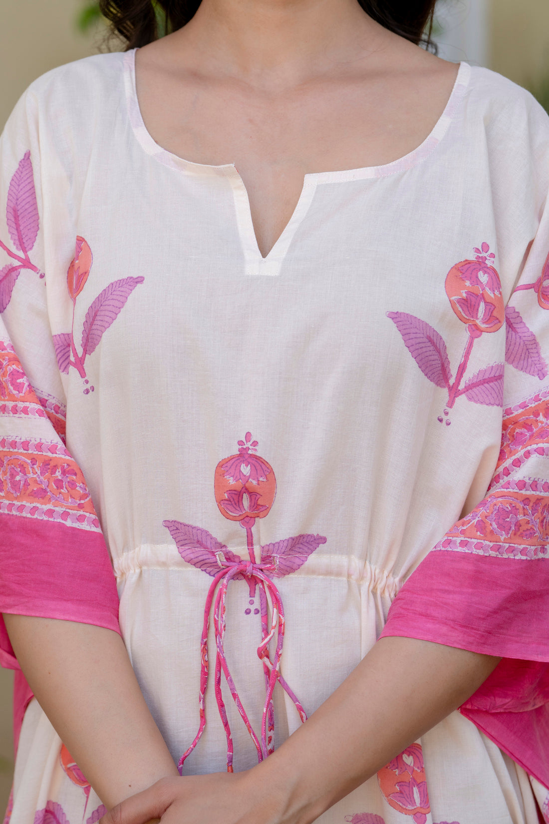 Pink Blossom Hand Block Printed Cotton Kaftan