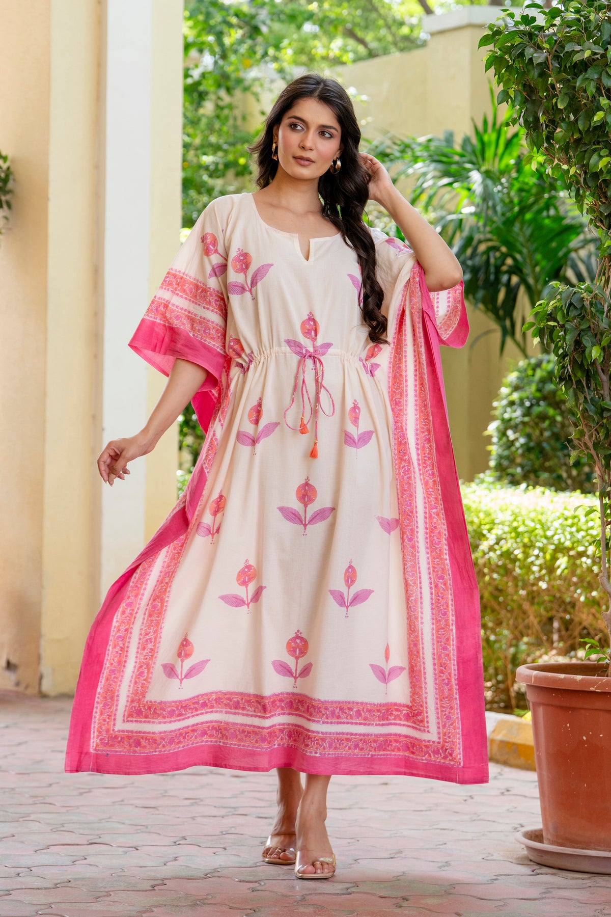 Pink Blossom Hand Block Printed Cotton Kaftan