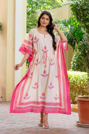Pink Blossom Hand Block Printed Cotton Kaftan