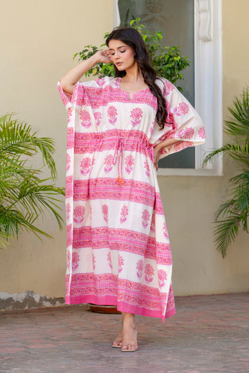 Lotus Stripe Hand Block Printed Cotton Kaftan