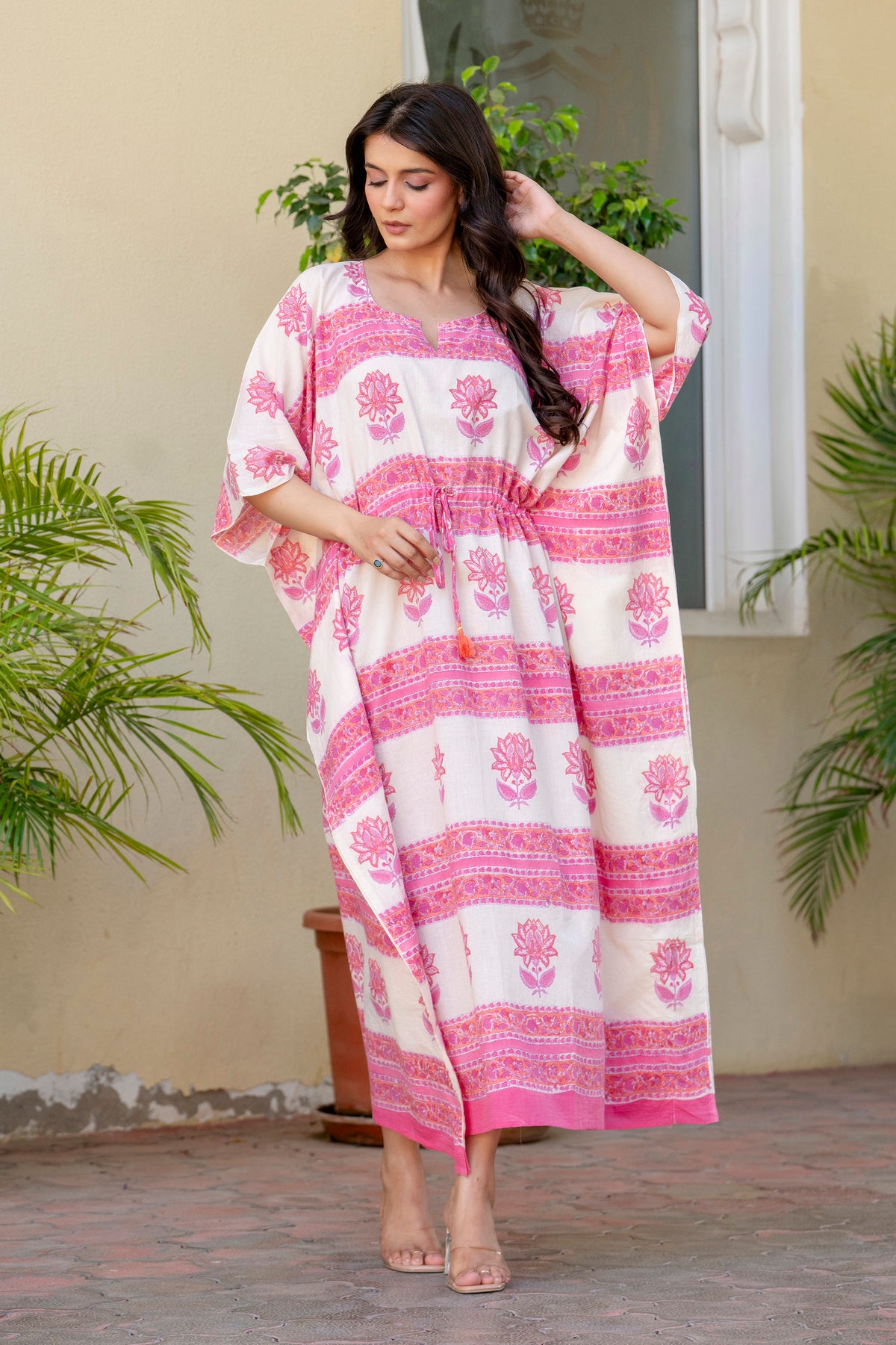 Lotus Stripe Hand Block Printed Cotton Kaftan