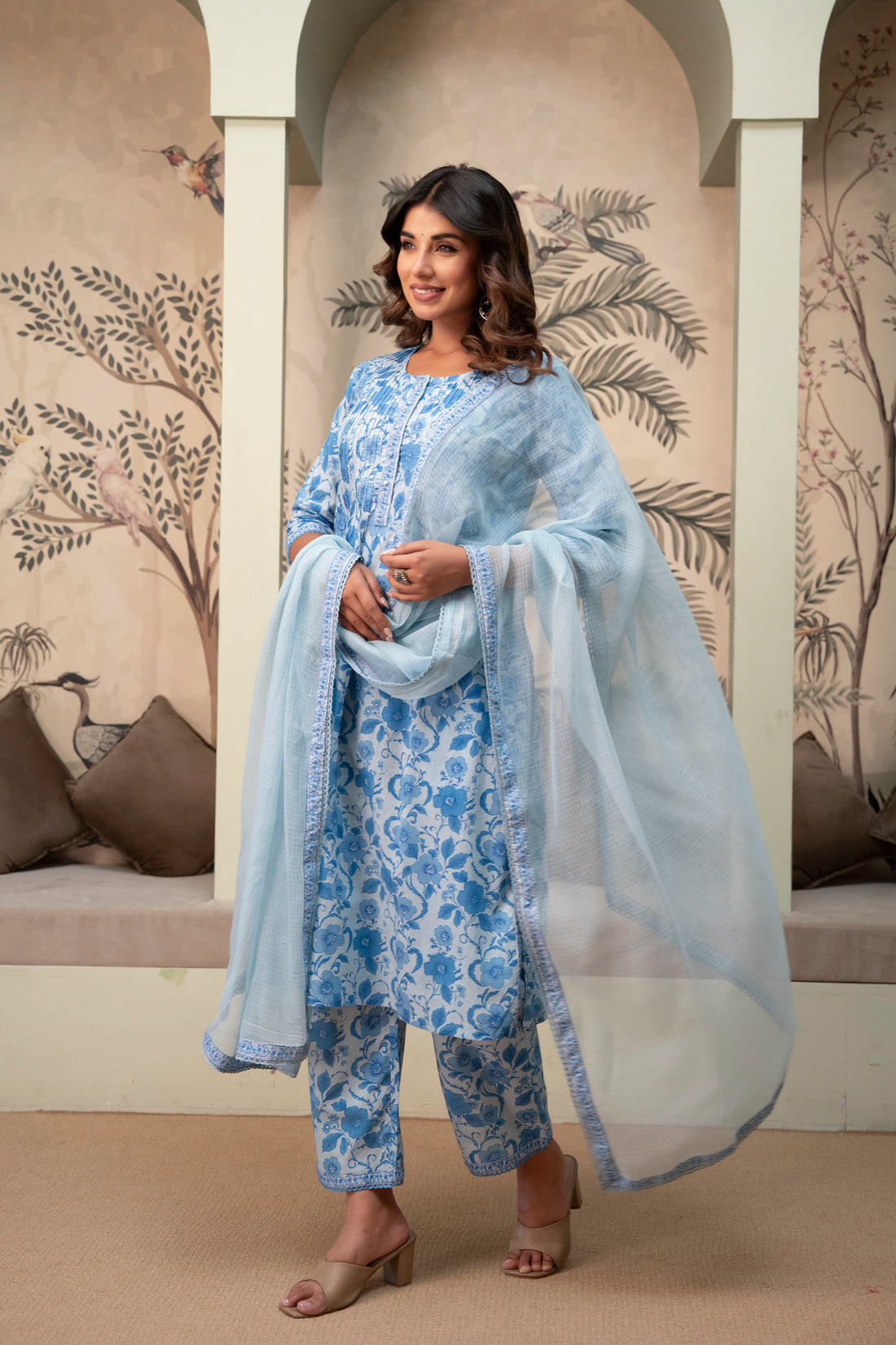 Sky Blue Floral Cotton Suit Set with Kota Doria Dupatta