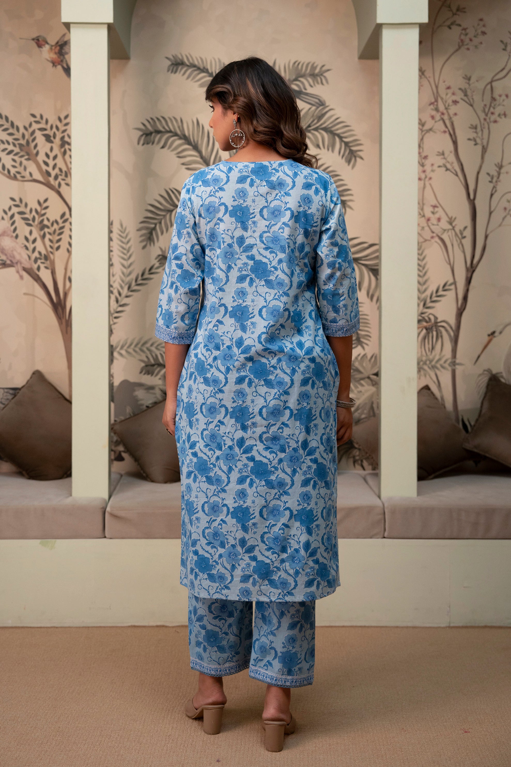 Sky Blue Floral Cotton Suit Set
