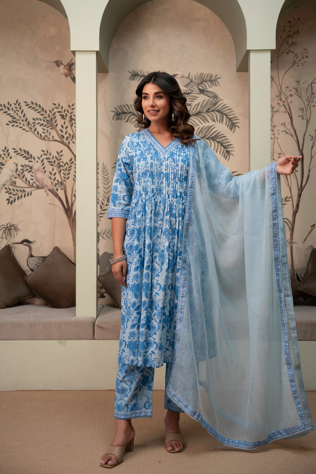 Sky Blue Floral Cotton Suit Set