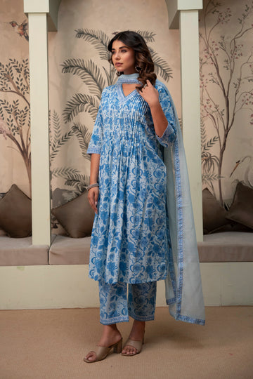 Sky Blue Floral Cotton Suit Set