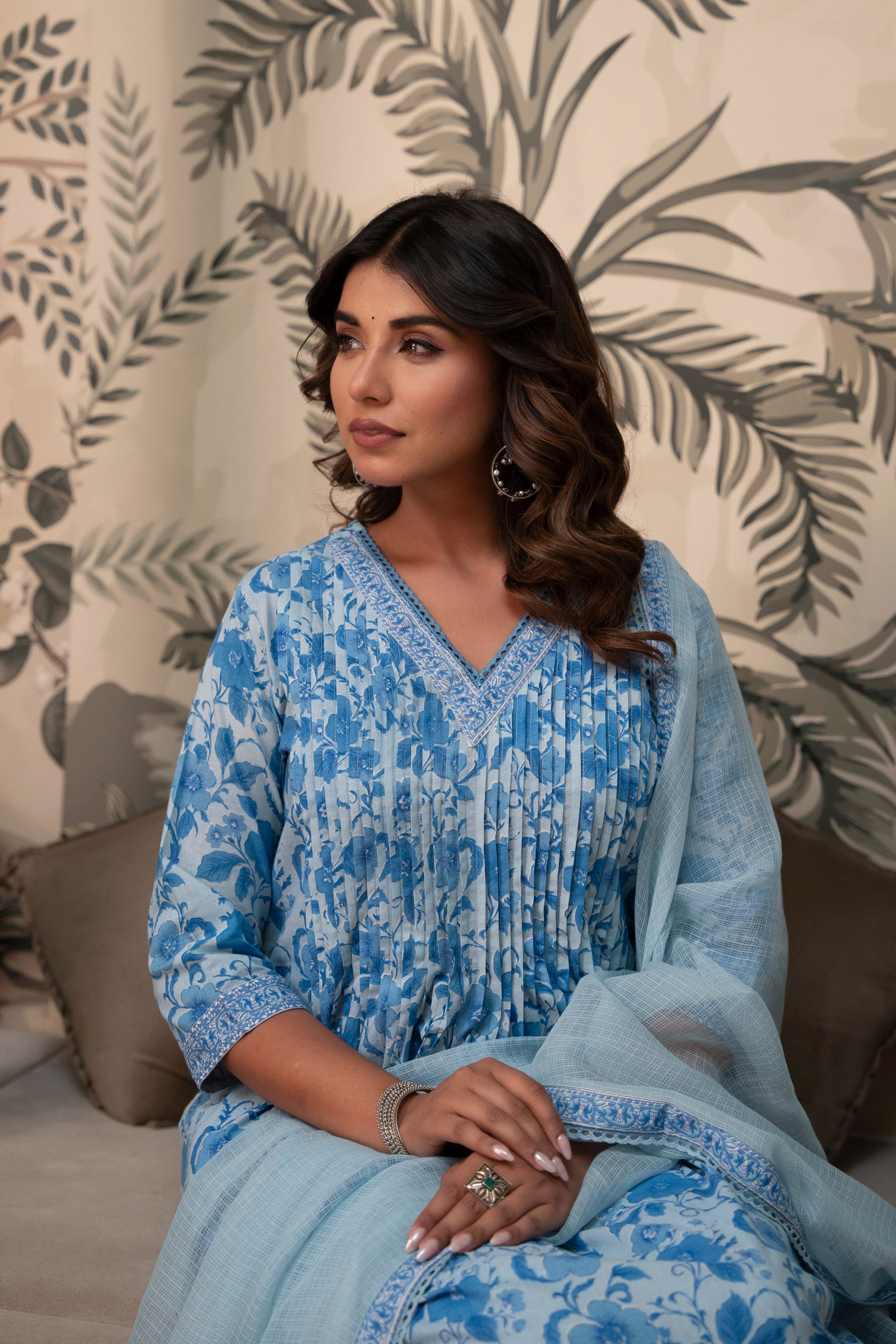 Sky Blue Floral Cotton Suit Set