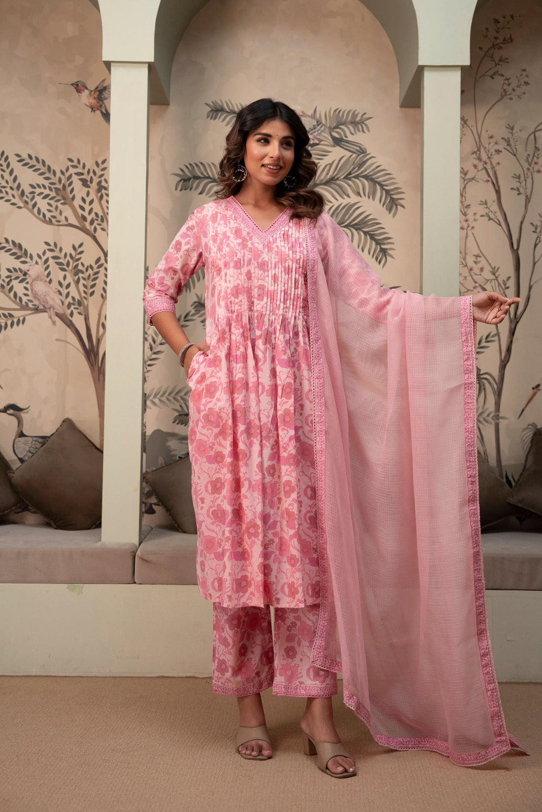 Rose Pink Floral Cotton Suit Set
