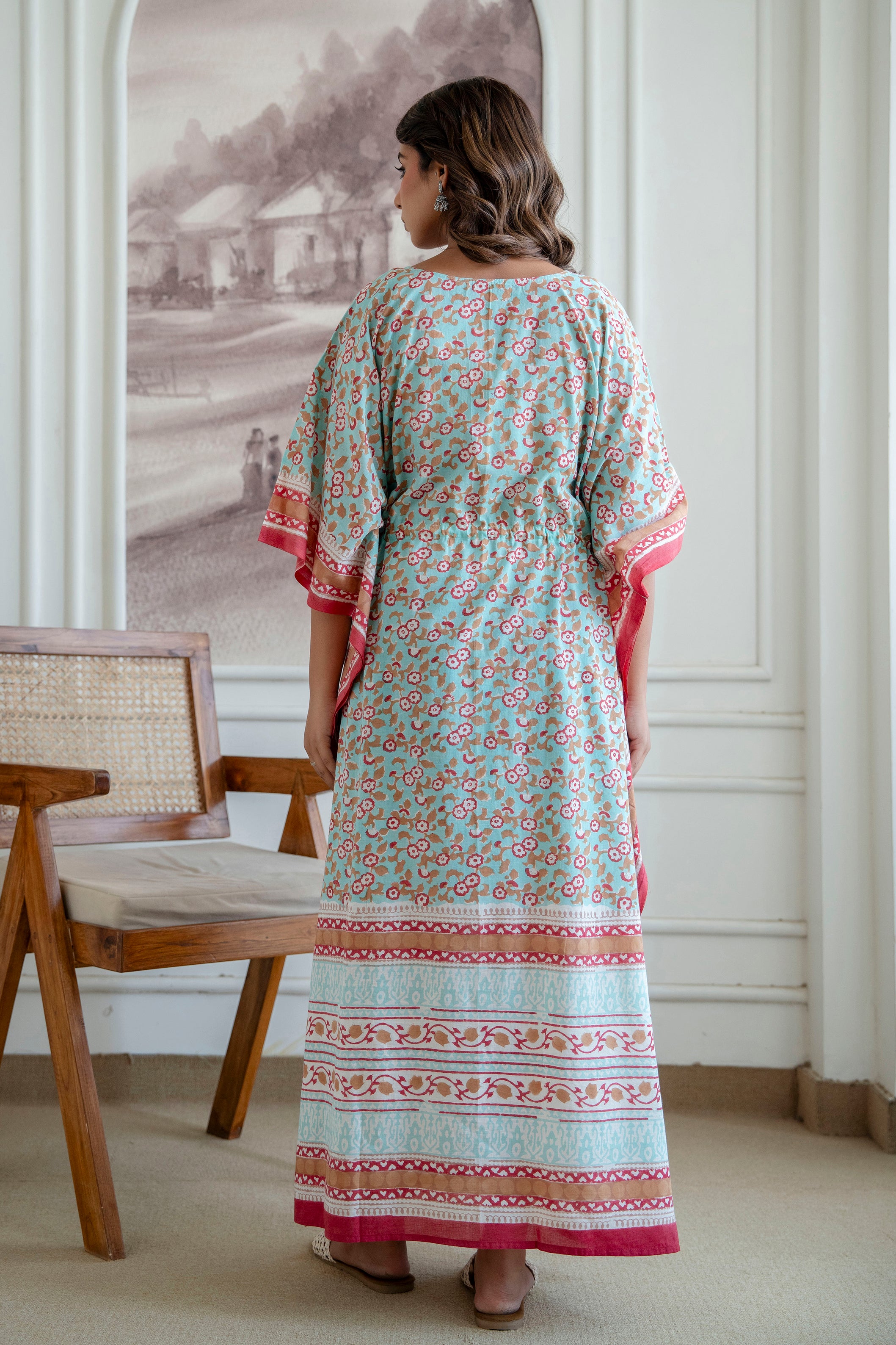 Mint Blossom Hand Block Printed Cotton Kaftan