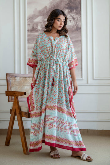 Mint Blossom Hand Block Printed Cotton Kaftan