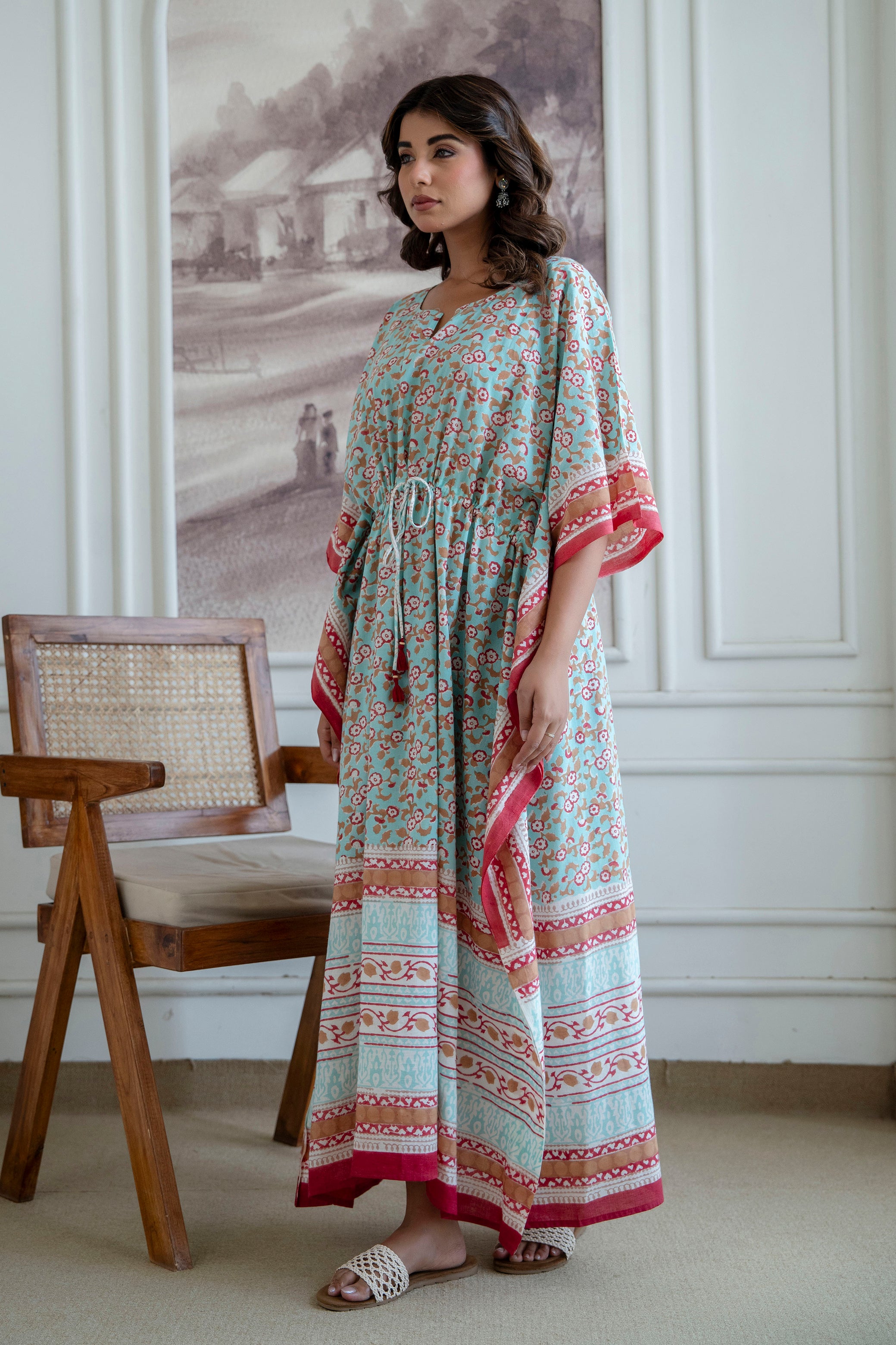 Mint Blossom Hand Block Printed Cotton Kaftan