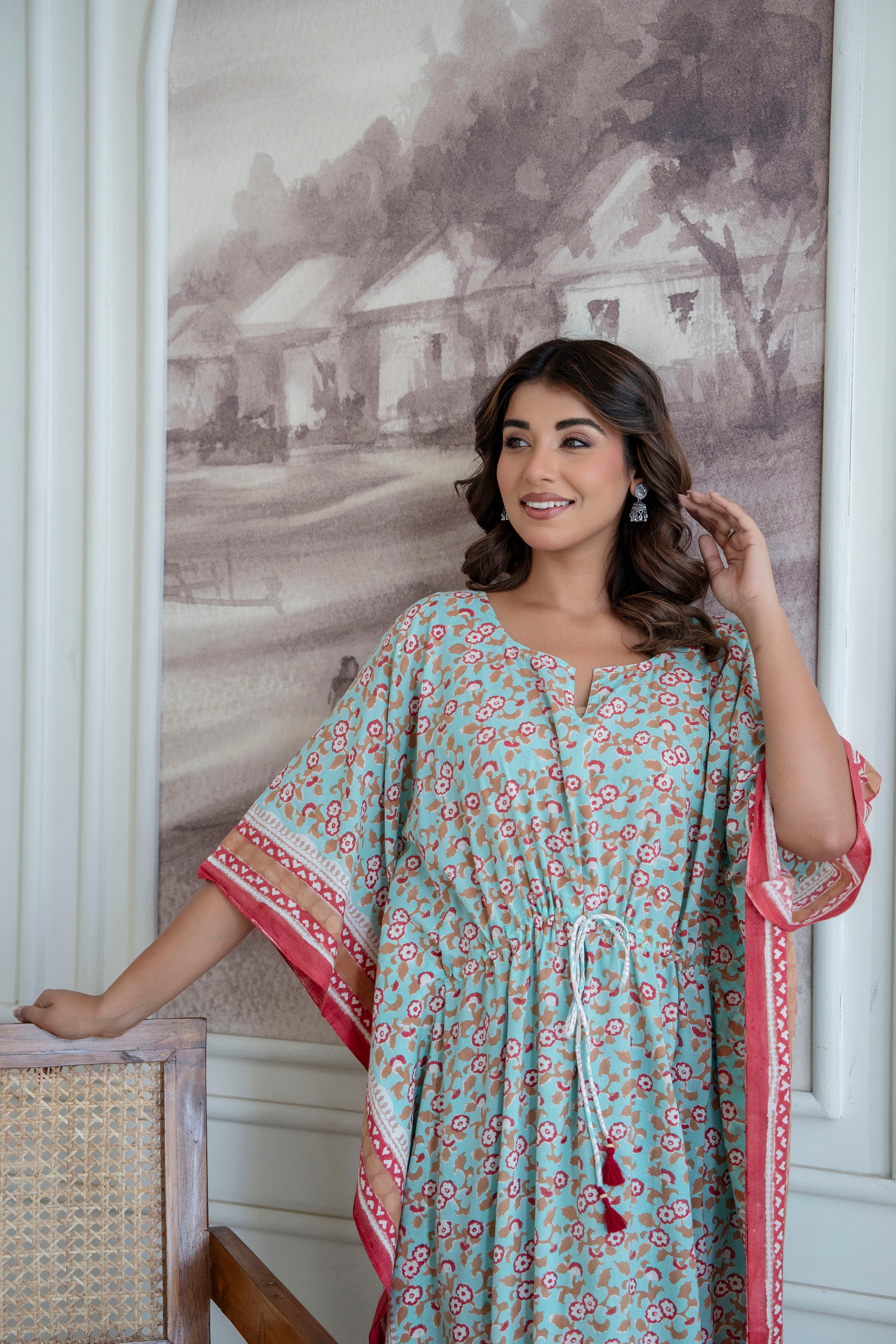 Mint Blossom Hand Block Printed Cotton Kaftan