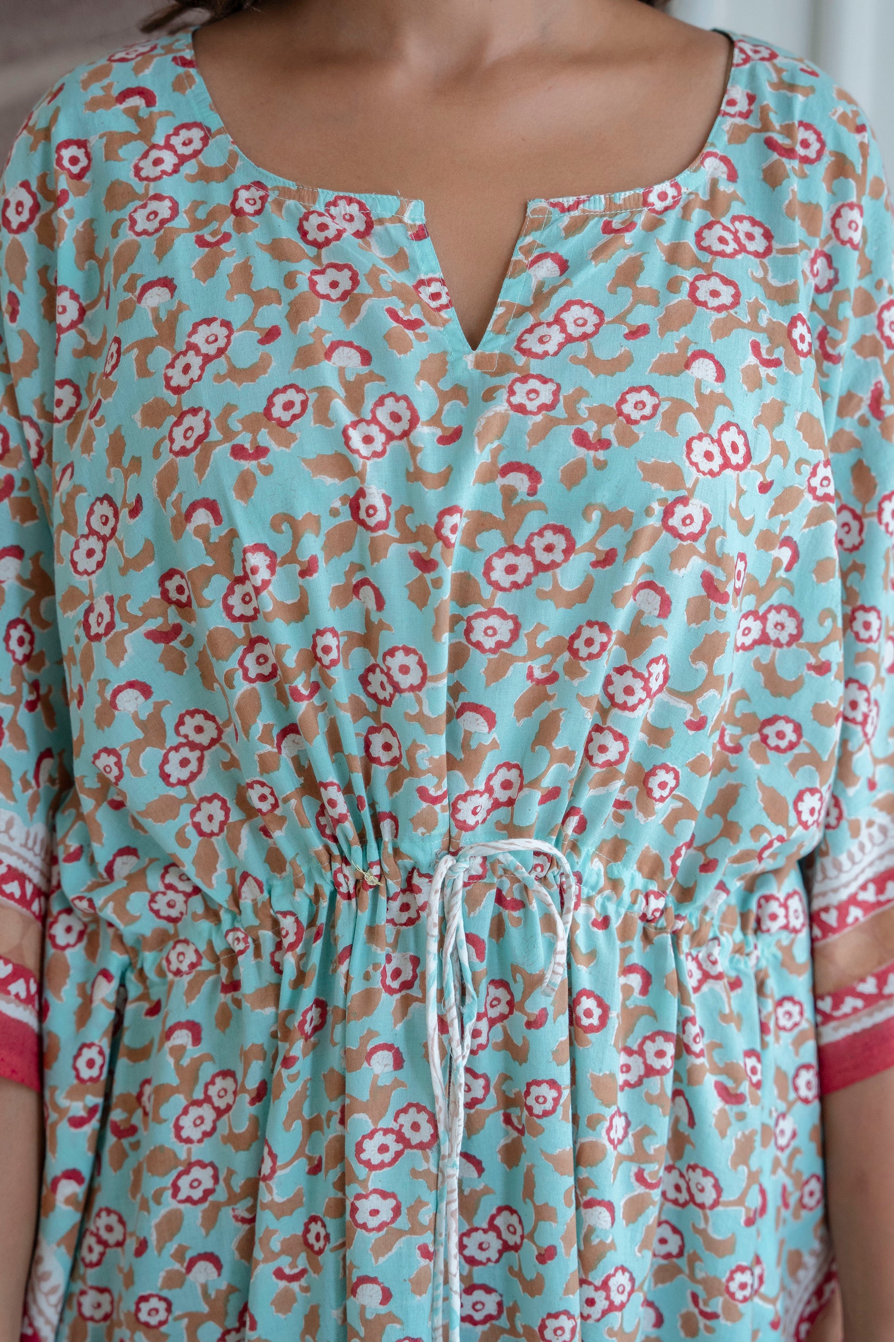 Mint Blossom Hand Block Printed Cotton Kaftan