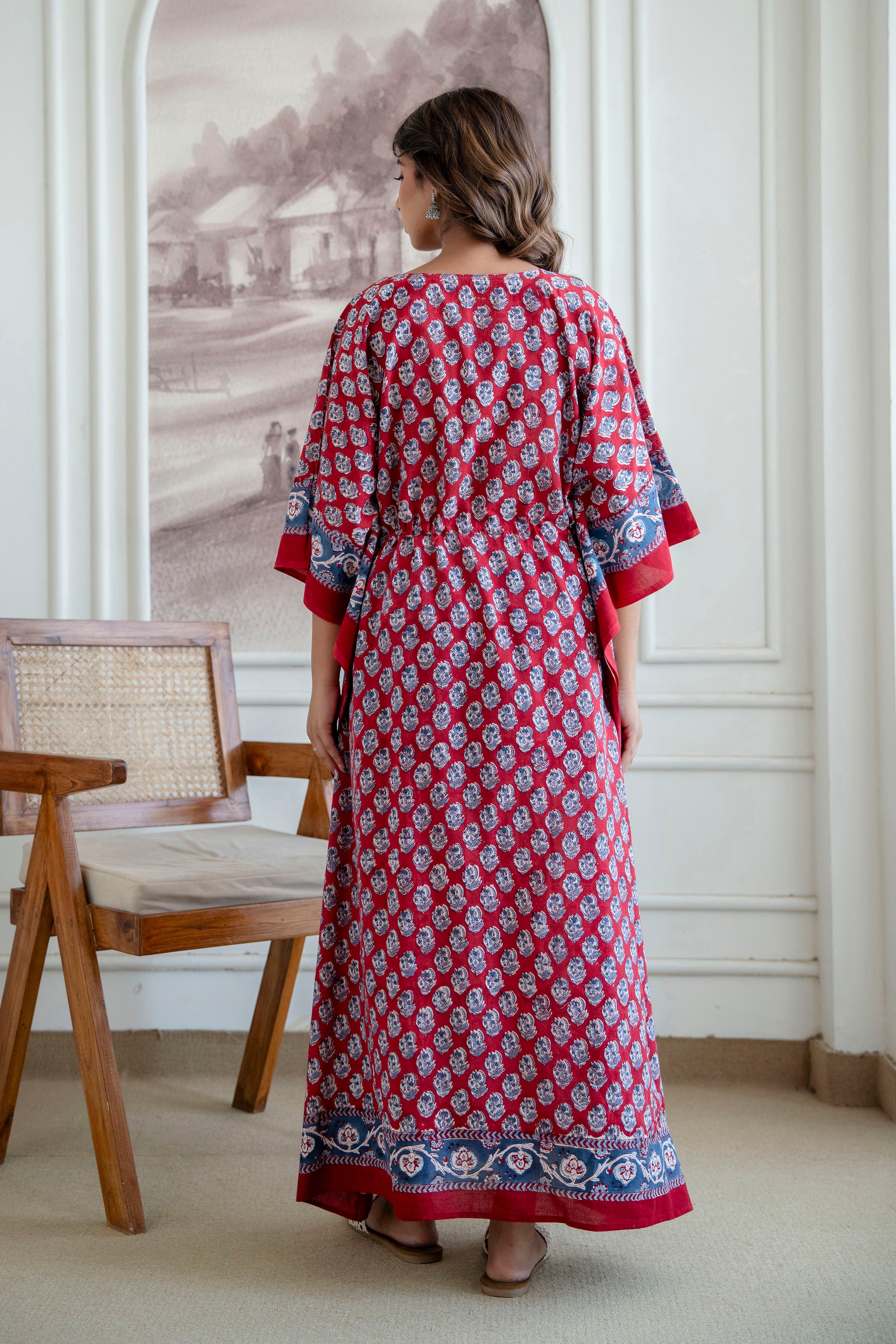 Crimson Buta Hand Block Printed Cotton Kaftan