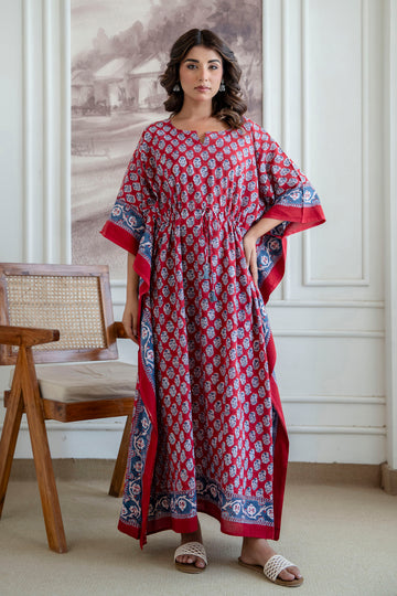 Crimson Buta Hand Block Printed Cotton Kaftan