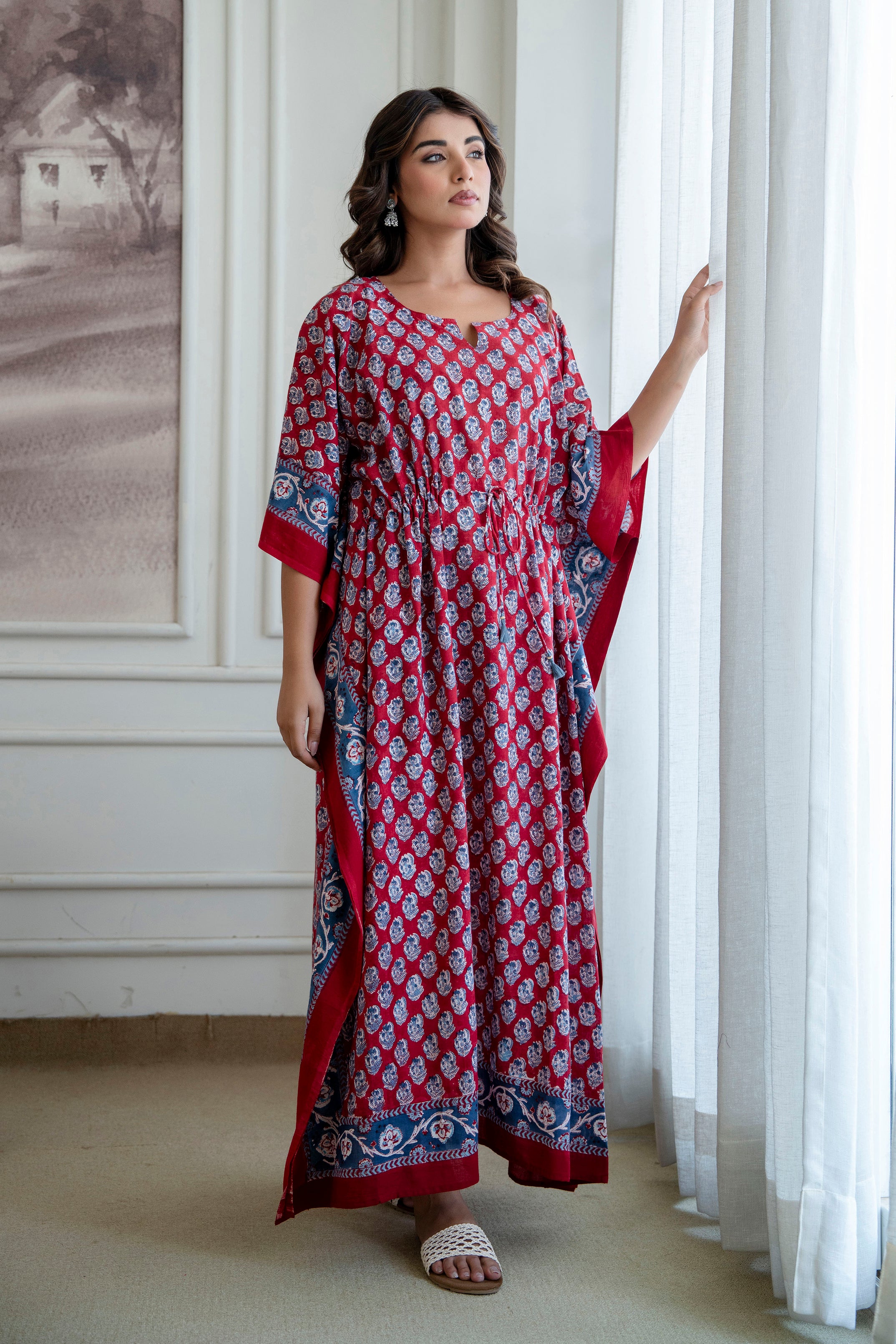 Crimson Buta Hand Block Printed Cotton Kaftan
