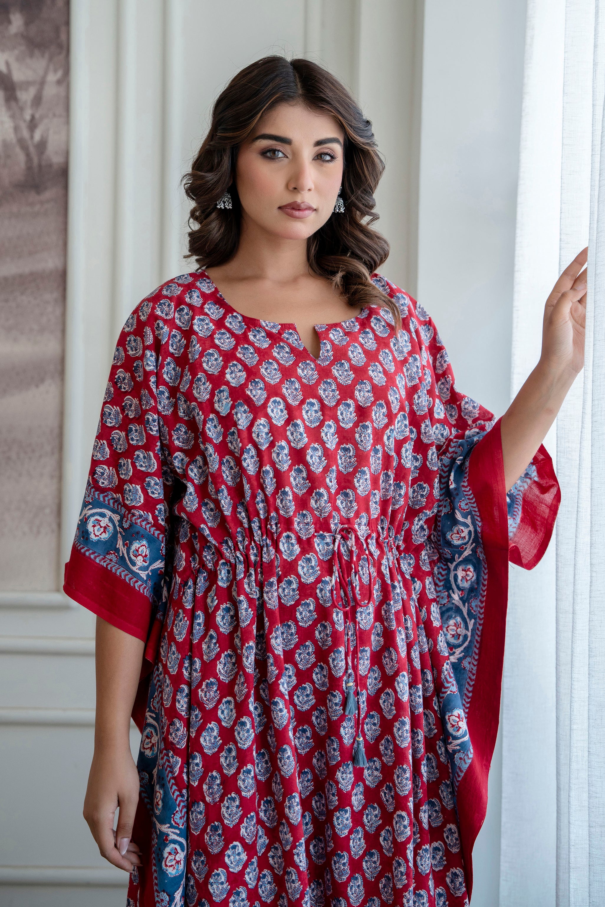 Crimson Buta Hand Block Printed Cotton Kaftan