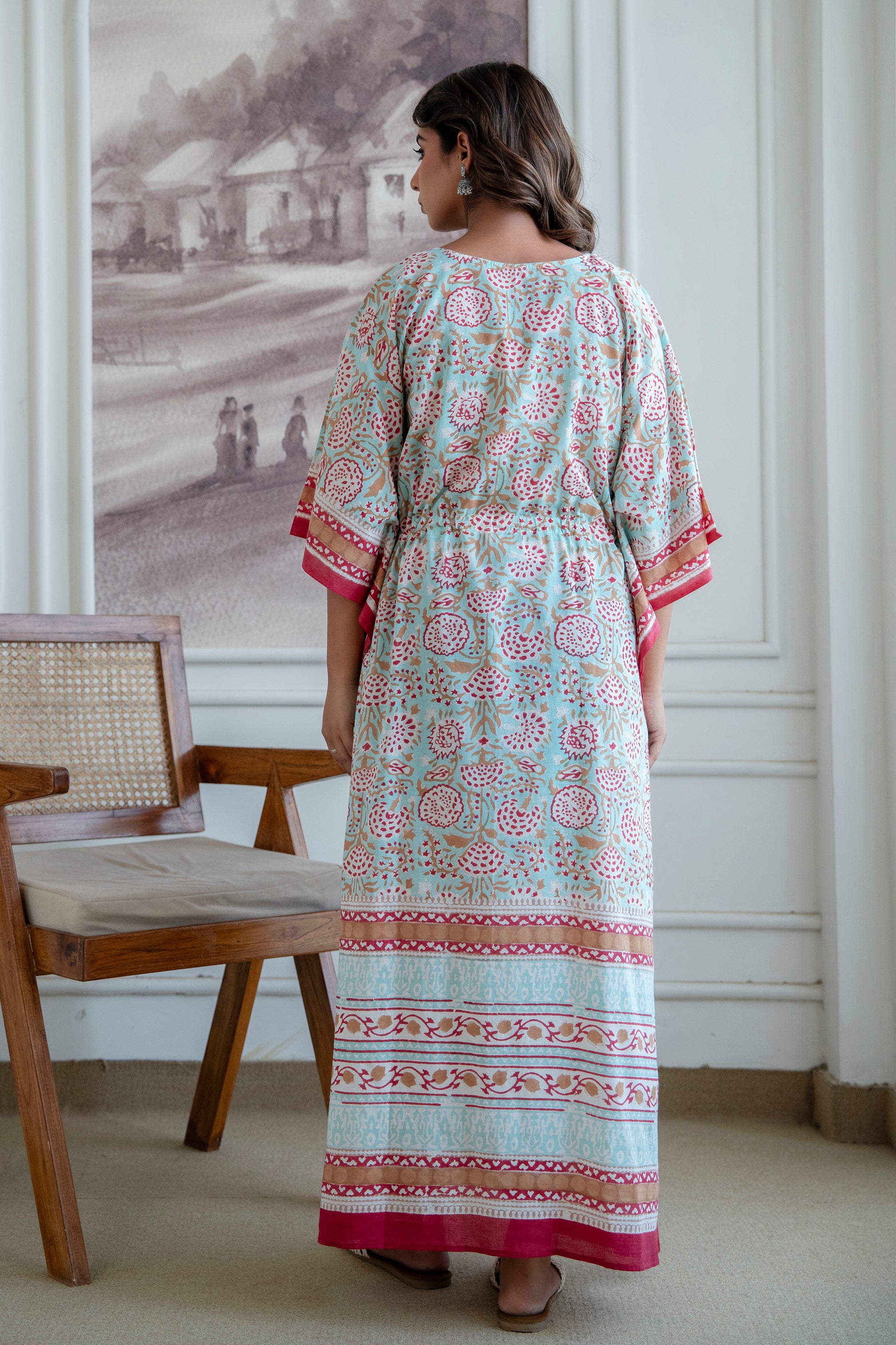 Aqua Floral Hand Block Printed Cotton Kaftan