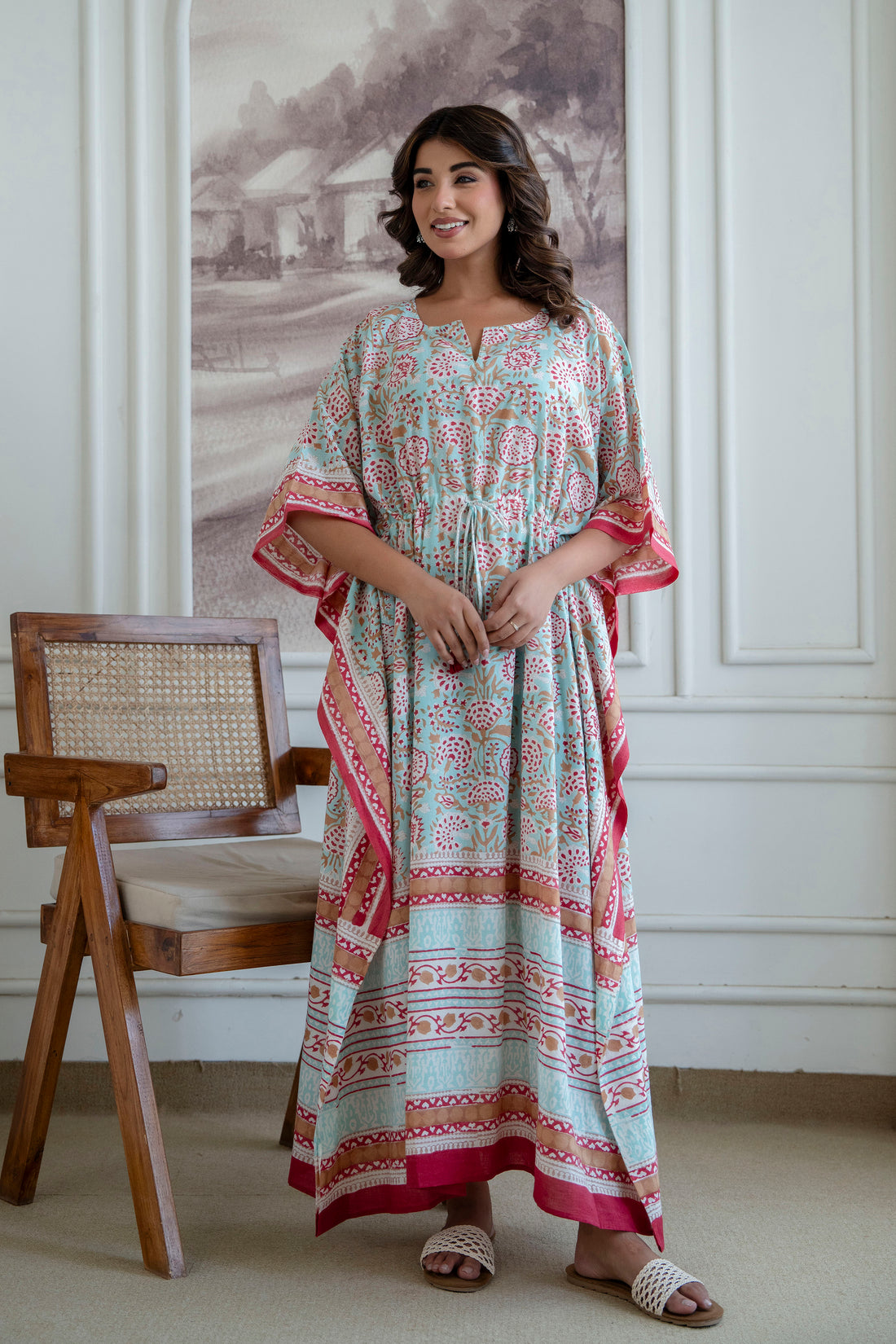 Aqua Floral Hand Block Printed Cotton Kaftan