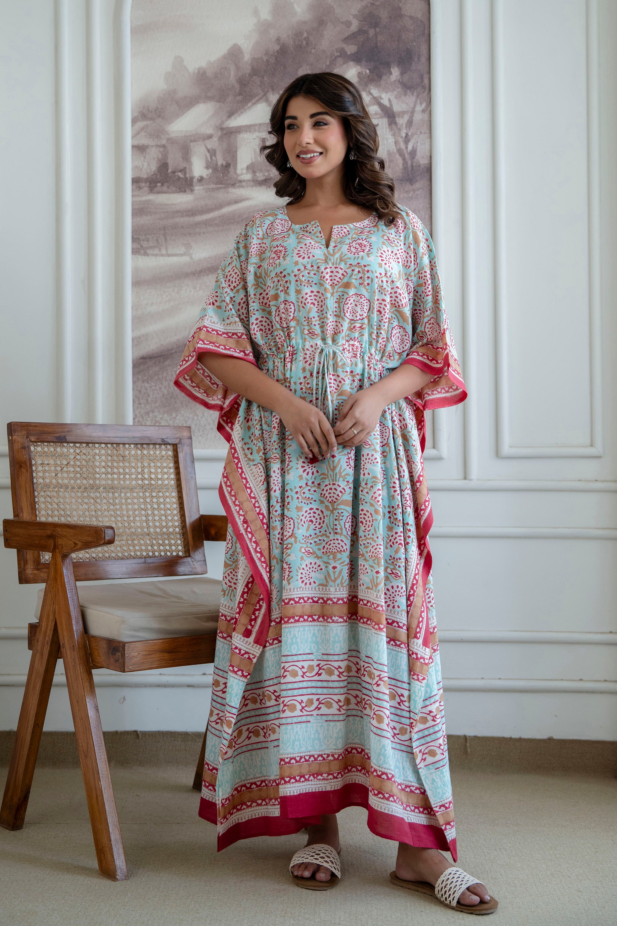 Aqua Floral Hand Block Printed Cotton Kaftan