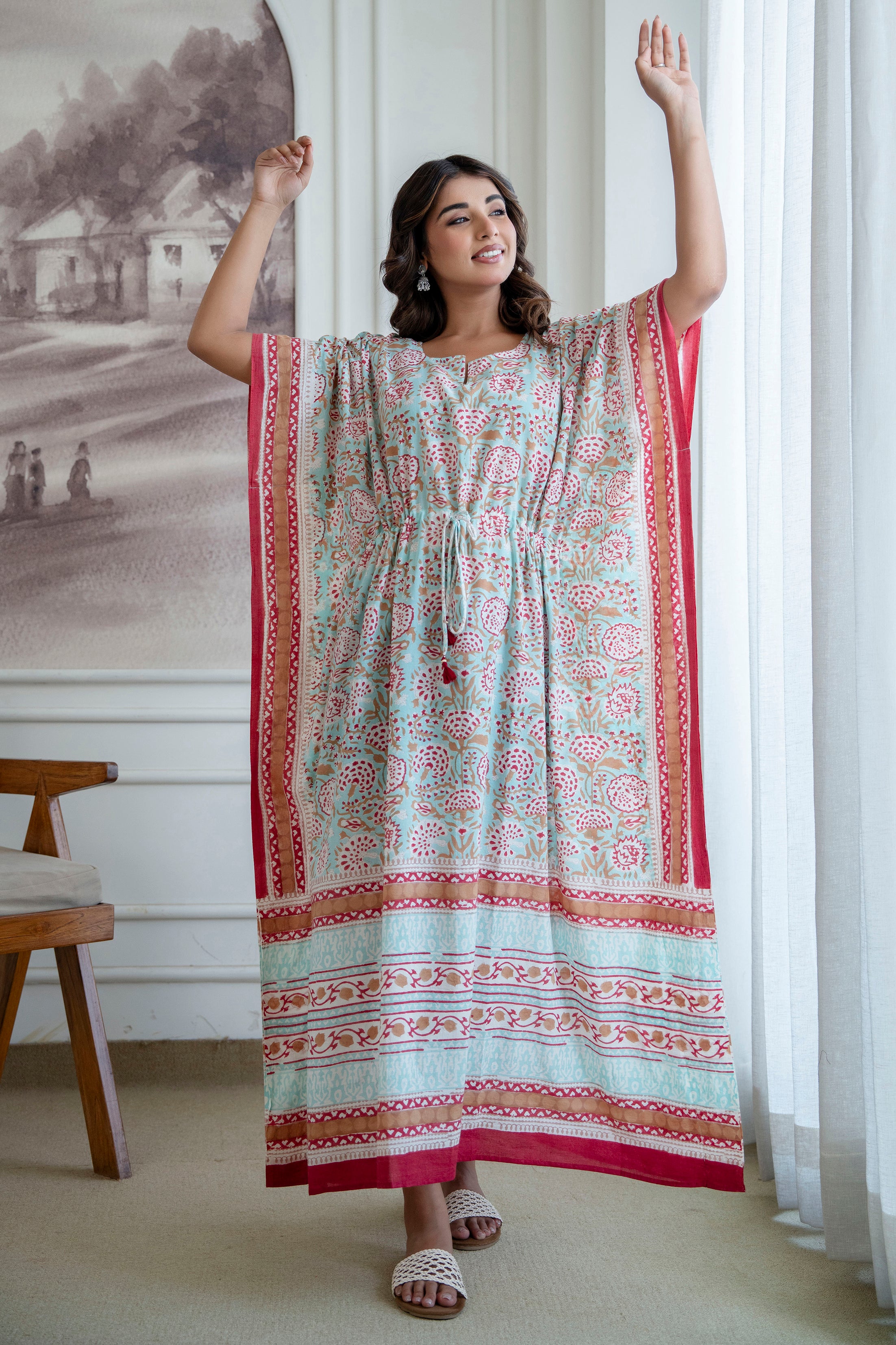 Aqua Floral Hand Block Printed Cotton Kaftan