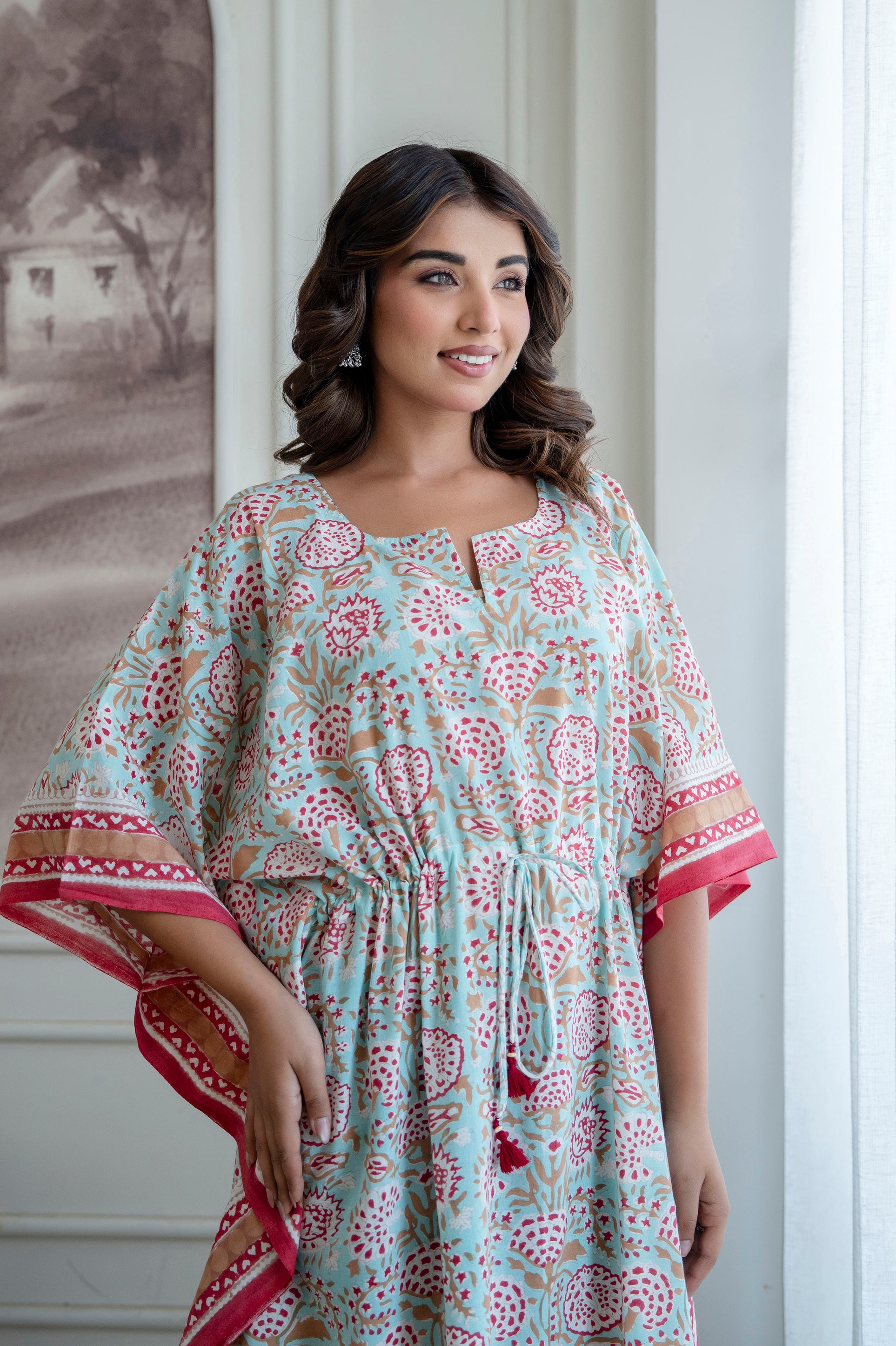 Aqua Floral Hand Block Printed Cotton Kaftan