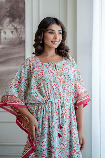 Aqua Floral Hand Block Printed Cotton Kaftan