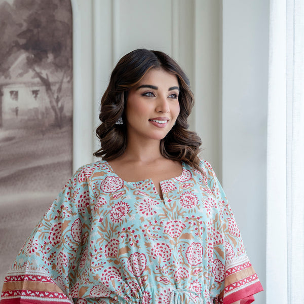 Aqua Floral Hand Block Printed Cotton Kaftan