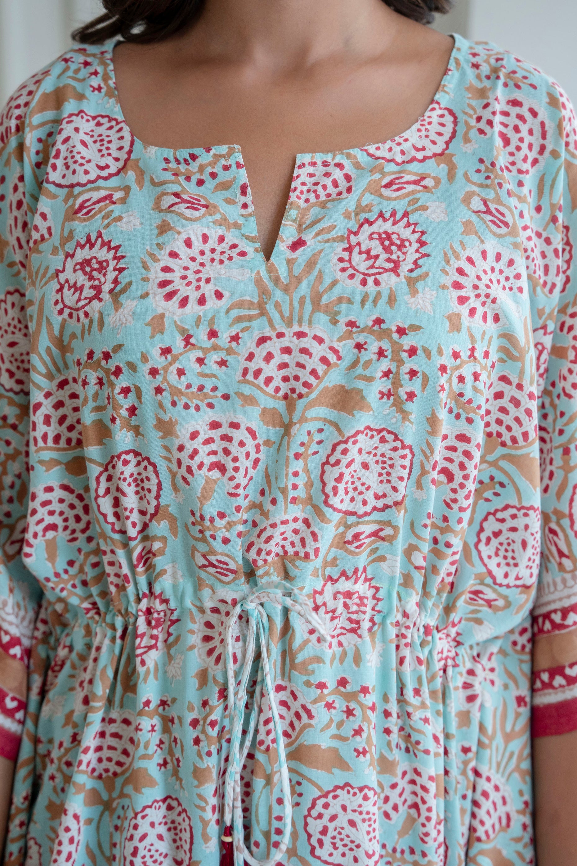 Aqua Floral Hand Block Printed Cotton Kaftan