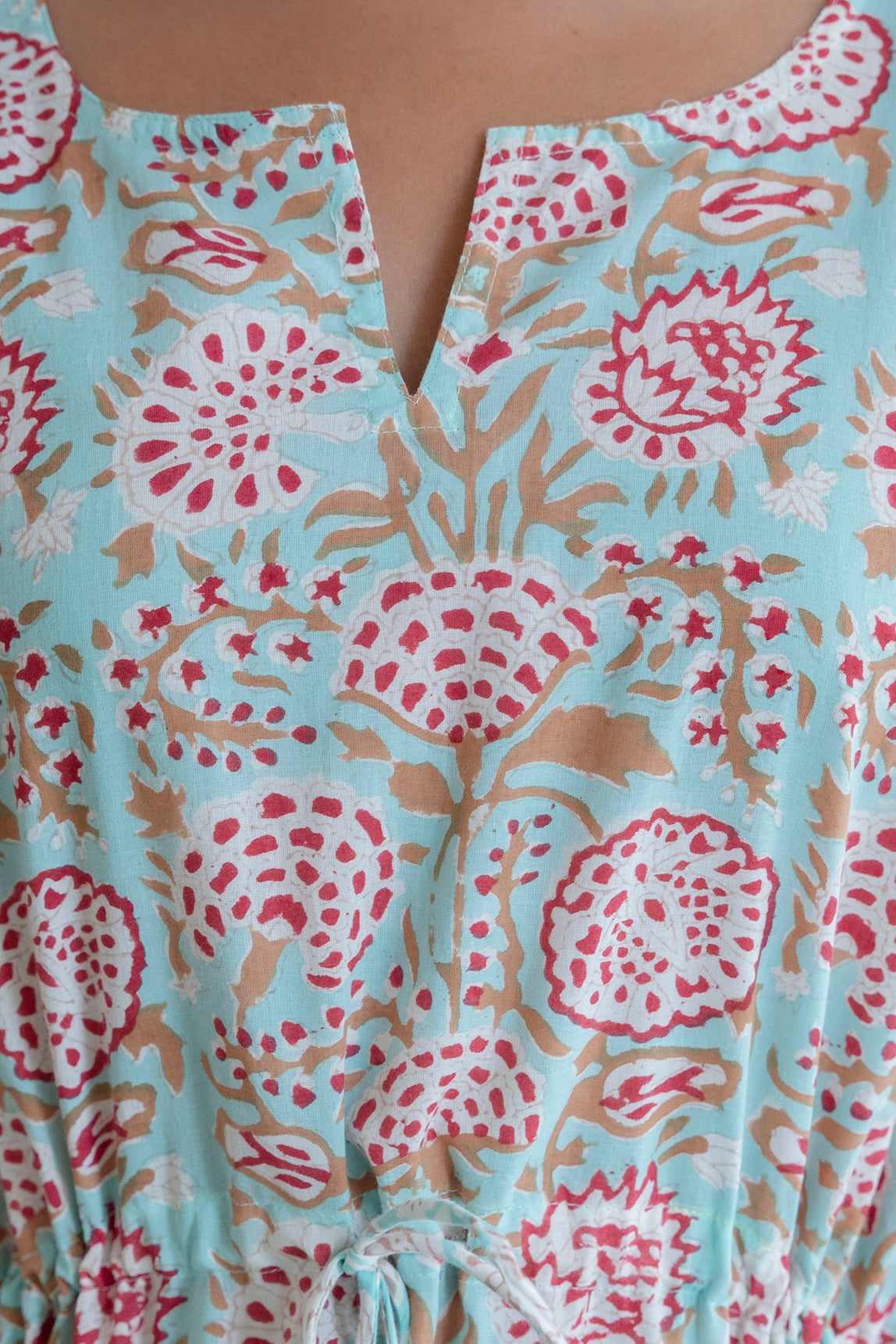 Aqua Floral Hand Block Printed Cotton Kaftan